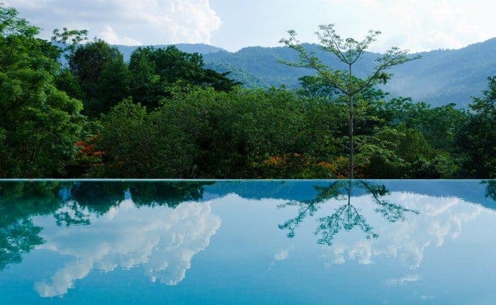 Example of an infinity edge swimming pool with trees and mountains in the background reflecting off the water