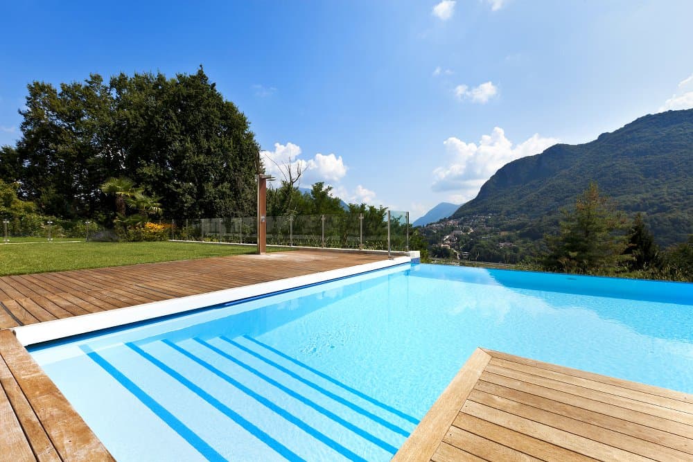 Closeup of pool steps on an infinity edge swimming pool