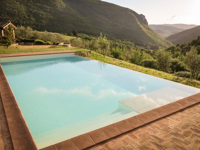 Picture of a vanishing edge (infinity) pool with mountains in the background