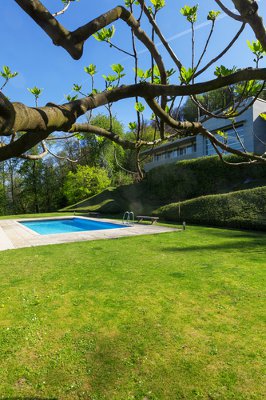 A small inground swimming pool in a modern backyard during summertime