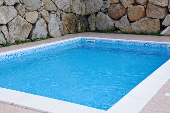 Small inground plunge pool with stone wall in the background