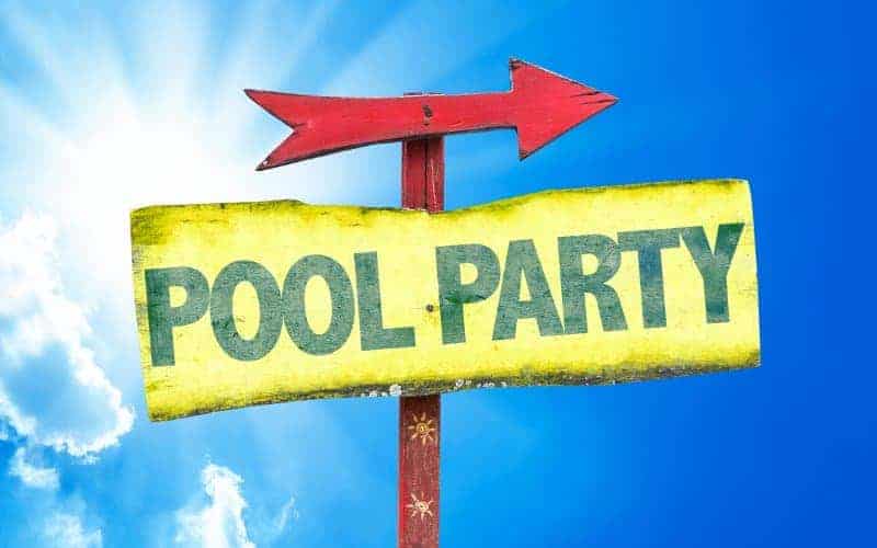 Illustration of a sign with the words Pool Party on it, with a red arrow attached to the top pointing the way