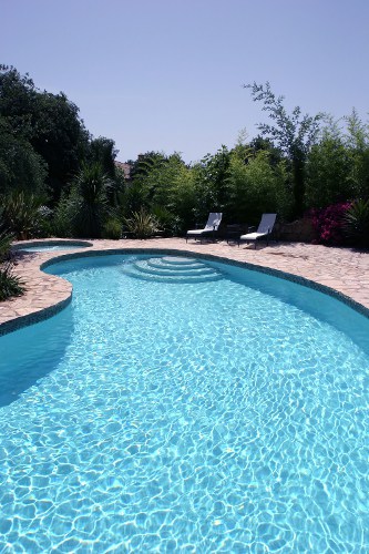 Lengthwise view of a kidney shaped swimming pool