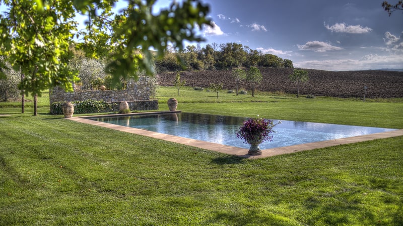 Classy inground swimming pool surrounded by real grass